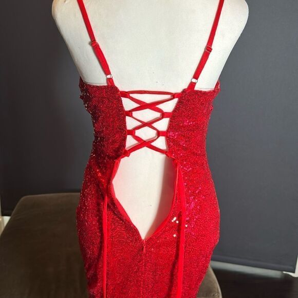 Women’s Red Sequined Short Homecoming Party Dress Ruffle Hem Corset Back Size 2 - Picture 7 of 12